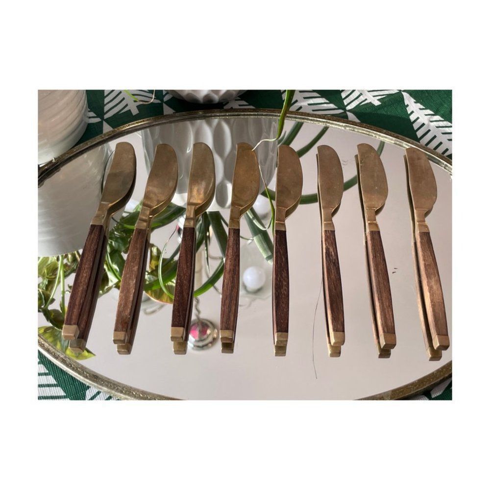 Vintage Brass & Walnut Wood Butter Knife Set of 8